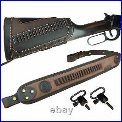 1 Set Leather Gun Shell Holder Buttstock +Rifle Sling For. 22 LR. 17HMR. 22MAG