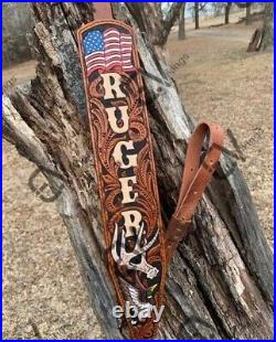 100% Genuine Leather Rifle or Shotgun Sling With Embossed name flag