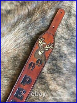 100%Genuine Leather Rifle or Shotgun sling with Embossed Deer and Name