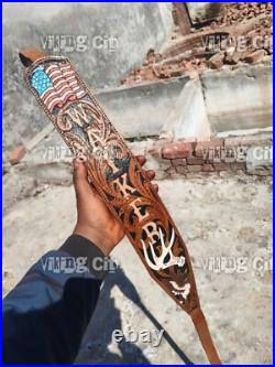 100%Genuine Leather Rifle or Shotgun sling with Embossed Duck flag and Name