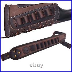 12GA Leather Hunting Shotgun Recoil Buttstock WIth Gun Sling Ammo Holder Slots