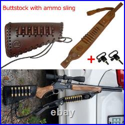 1Set Leather Rifle Gun Buttstock Cartridge Ammo loops Sling Hand Stiched Brown