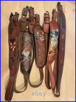 4 PADDED RIFLE SLING LEATHER BROWN DEER SCENE WithSWIVELS VINTAGE 8501045 210 NICE