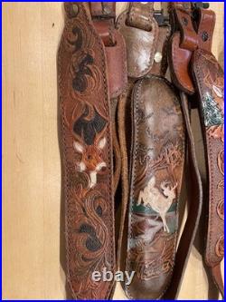 4 PADDED RIFLE SLING LEATHER BROWN DEER SCENE WithSWIVELS VINTAGE 8501045 210 NICE