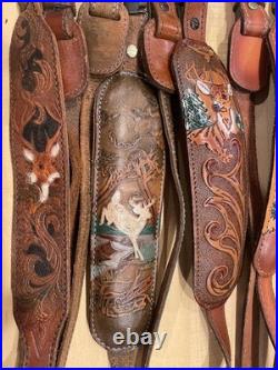 4 PADDED RIFLE SLING LEATHER BROWN DEER SCENE WithSWIVELS VINTAGE 8501045 210 NICE