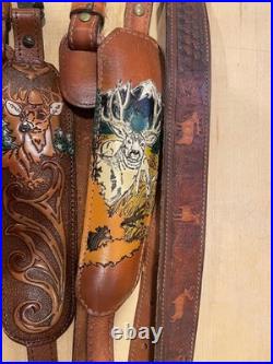 4 PADDED RIFLE SLING LEATHER BROWN DEER SCENE WithSWIVELS VINTAGE 8501045 210 NICE