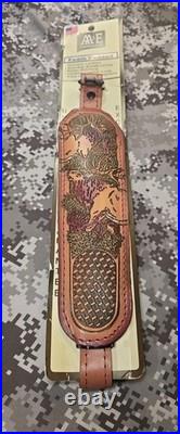 AA&E LEATHERCRAFT TOOLED ELK PADDED SUEDE BACKED LEATHER RIFLE SLING With SWIVELS