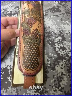 AA&E LEATHERCRAFT TOOLED ELK PADDED SUEDE BACKED LEATHER RIFLE SLING With SWIVELS