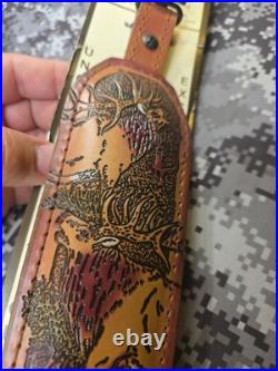 AA&E LEATHERCRAFT TOOLED ELK PADDED SUEDE BACKED LEATHER RIFLE SLING With SWIVELS