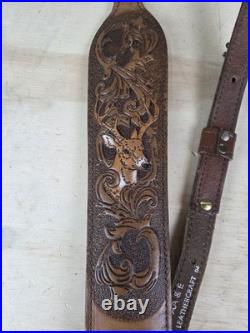 AA&E Leathercraft Brown Leather Embossed Padded Rifle Sling No 3065 Whitetail