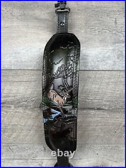 AA&E Leathercraft Rifle Sling (Deer Design) Embossed Leather Cowhide Rare Black