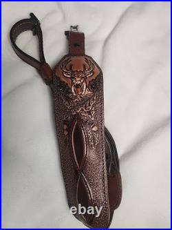 AA&E Top Grain Cowhide Padded Rifle Sling DEER/Buck WithAcorns Etched With Swivels
