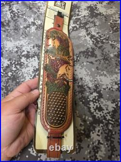 Aa&e Leathercraft Tooled Elk Padded Suede Backed Leather Rifle Sling W Swivels