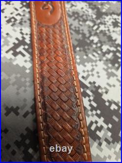 BROWNING TOOLED WEAVE STITCHED SUEDE BACKED LEATHER RIFLE SLING With SWIVELS