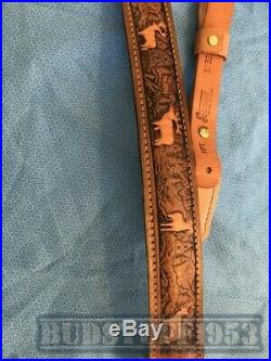 Beautiful Vintage Pathfinder Brown Deer Elk Ram Carved Padded Rifle Sling NOS