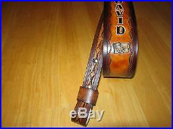 Custom Made Hand-tooled Leather Rifle Sling With Name Eagle/ Flag Tan & Brown