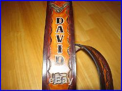 Custom Made Hand-tooled Leather Rifle Sling With Name Eagle/ Flag Tan & Brown