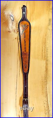Custom made Pheasant hand carved leather padded rifle sling, made in the USA