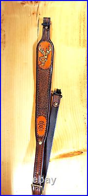 Deer Custom made hand carved leather padded rifle sling