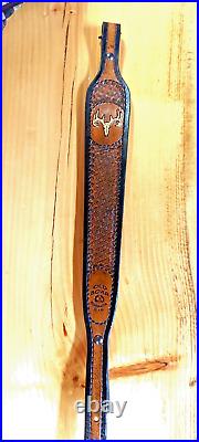 Deer Custom made hand carved leather padded rifle sling, made in the U. S. A