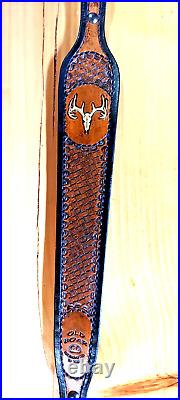 Deer Custom made hand carved leather padded rifle sling, made in the U. S. A