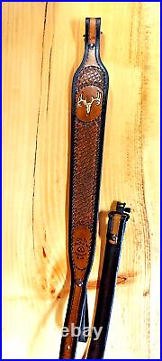 Deer Custom made hand carved leather padded rifle sling, made in the U. S. A