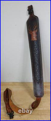 Deer Embossed Padded Leather Rifle Sling Strap With Swivels, Thumb Hole, 6/95