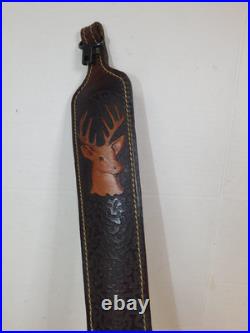 Deer Embossed Padded Leather Rifle Sling Strap With Swivels, Thumb Hole, 6/95