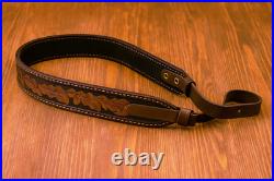 Genuine Leather Rifle Shotgun Sling with Carved Design Hunting Shoulder Strap