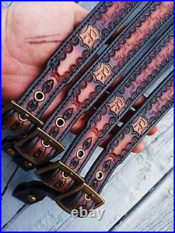 Genuine Leather handmade rifle gun sling, customised with owner name and a symbol