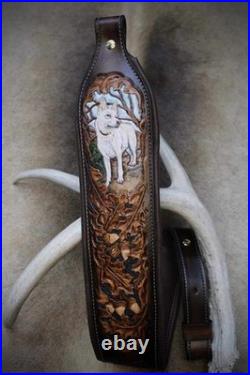 Hand Tooled Leather Rifle Sling Deer Wildlife Western Hunting Gun Strap Brown