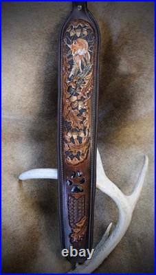 Hand Tooled Leather Rifle Sling Deer Wildlife Western Hunting Gun Strap Brown