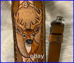 Hand carved leather riflesling, deer on sling, hand tooled deer on gunsling, sling