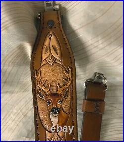 Hand carved leather riflesling, deer on sling, hand tooled deer on gunsling, sling