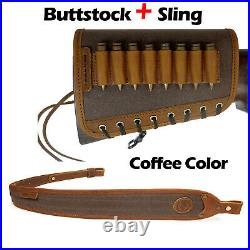 High Quality Canvas Leather Rifle Sling + Gun Buttstock Ammo Holder USA Stock