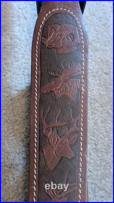 Hunter Tooled Leather Sling Big Horn Game Embossed Hunting Scene USA Remington