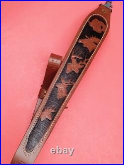 Hunter Tooled Leather Sling Big Horn Game Embossed Hunting Scene USA Remington