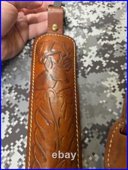 Hunter Tooled Whitetail Buck Acorn Leaf Thumb Strap Leather Rifle Sling Padded