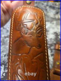 Hunter Tooled Whitetail Buck Acorn Leaf Thumb Strap Leather Rifle Sling Padded