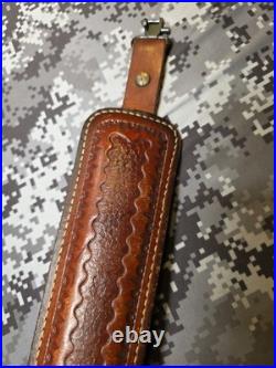 Hunter White Stitched Tooled Suede Backed Padded Leather Thumb Loop Rifle Sling