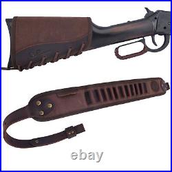 Leather Rifle Shotgun Buttstock with Rifle Sling for Ammo. 308.30-30.22LR 12GA