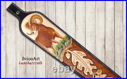 Leather Rifle Sling, Bighorn Sheep, Hand Tooled, Adjustable Rifle Sling, Hunting