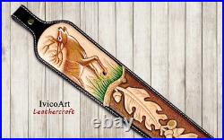 Leather Rifle Sling, Deer, Hand Tooled, Adjustable, Shotgun Sling, Hunting Sling