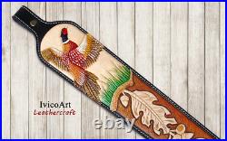 Leather Rifle Sling, Pheasant, Hand Tooled, Adjustable Rifle Sling, Hunting