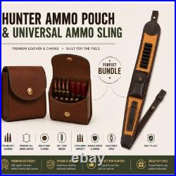 Leather Rifle Sling + Universal Ammo Pouch Set Cartridge Holder Hunting Brown