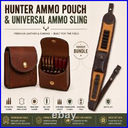Leather Rifle Sling + Universal Ammo Pouch Set Cartridge Holder Hunting Brown