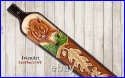 Leather Rifle Sling, Wild boar, Hand Tooled, Adjustable Rifle Sling, Hunting