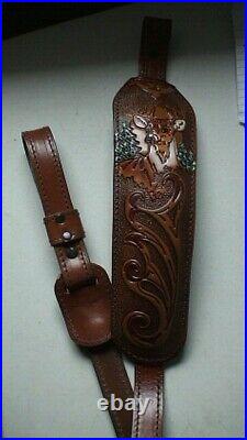 NEW AA&E PADDED LEATHER Series 1000 Gunsling with Whitetail Buck, NEW from Texas