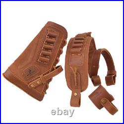 No-Drill Set of Leather Gun Buttstock Cover, Ammo Sling, Barrel Mount for Rifle