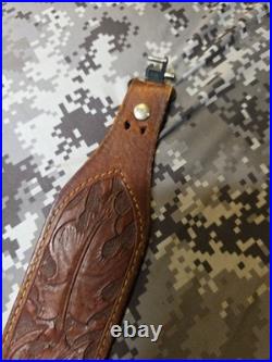 Old West Tooled Oak Leaf Pouch Handcrafted Leather Suede Backed Rifle Sling